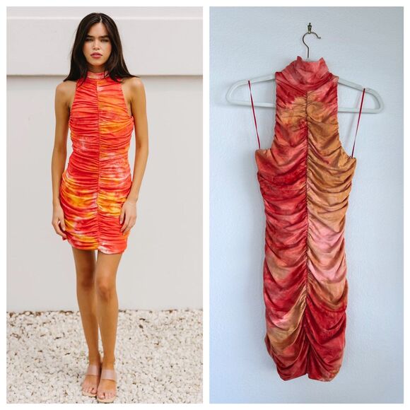NWOT Torn by Ronny Kobo Kit Ruched Bodycon Mini Dress in Sunset Pink & Orange XS - Picture 1 of 13